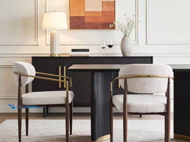Lot 49-2001100 - Set of (2) CHRISTOPHER KNIGHT HOME Dominic Beige+Gold+Walnut Fabric Upholstered Dining Chairs with M...