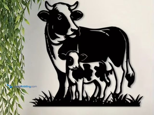 Lot 49-1975794 - New 1pc Vintage Farmhouse Metal Wall Art - Black And White Cow And Calf Silhouette, Powder Coated Ir...