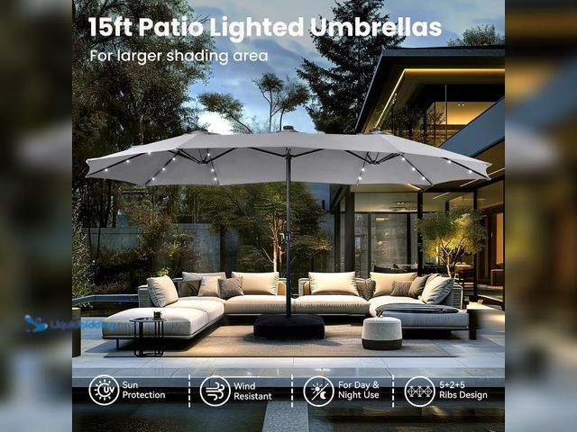 Lot 49-3565822 - PHI VILLA 15ft Large Patio Umbrella with Solar Lights, Double-Sided Outdoor Market Rectangle Umbrell...