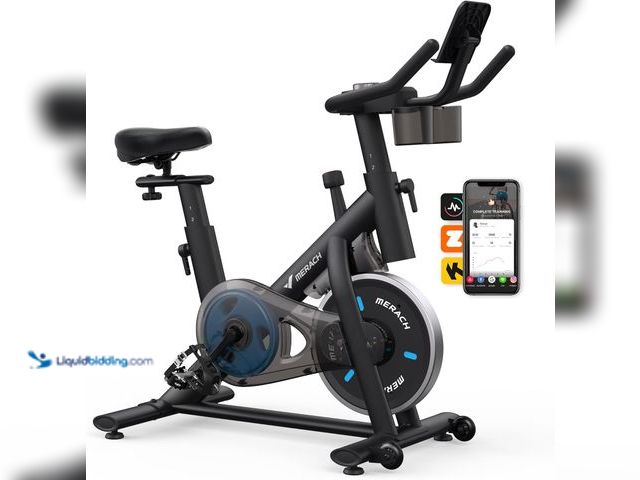 Lot 49-5484451 - MERACH Exercise Bike, Brake Pad Stationary Bike with Exclusive App, Low Noise Indoor Cycling Bike wi...