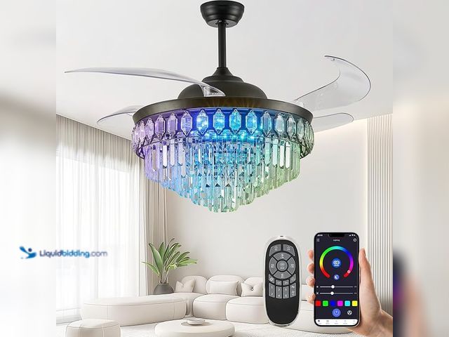 Lot 49-1572235 - Zynfandor 52" RGB Ceiling Fan with Light and Music Player, Bluetooth Retractable Blades Crystal Fand...
