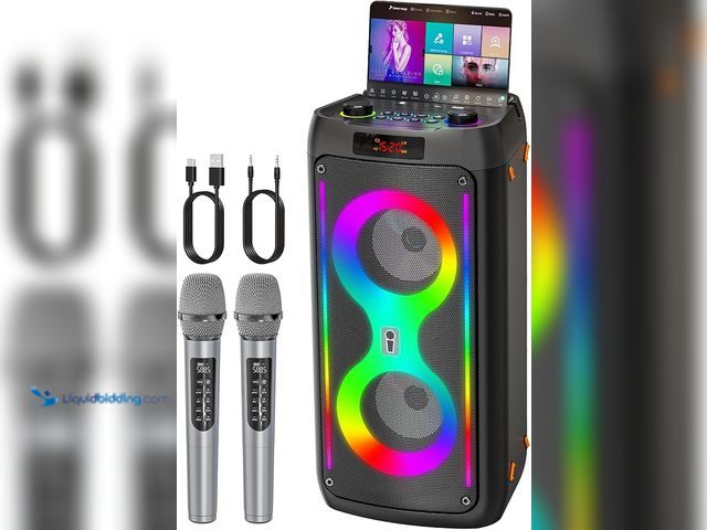 Lot 49-3528121 - Karaoke Machine, Portable Bluetooth Speaker with 2 Wireless Microphones, PA System with Disco Lights...