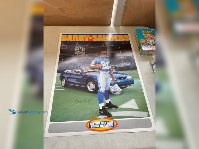 Lot 49-5341596 - 1994 DETROIT LIONS BARRY SANDERS METRO DETROIT FORD DEALERS PROMO POSTER FACSIMILE AUTOGRAPH