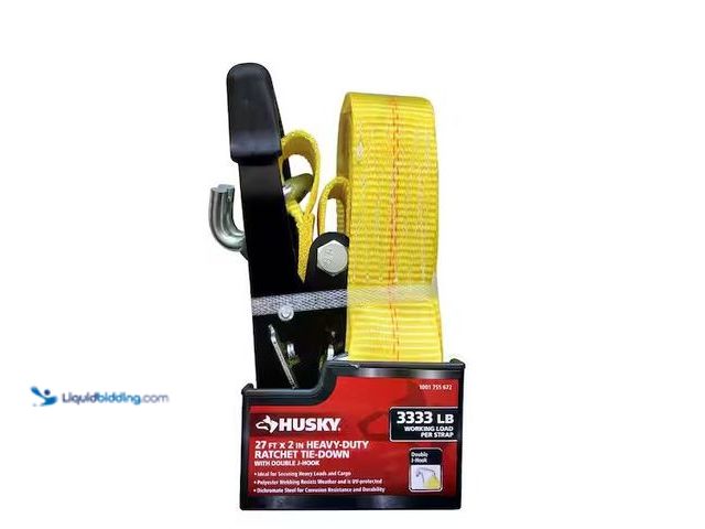 Lot 49-5545563 - Husky
27 ft. x 2 in. Heavy-Duty Ratchet Tie-Down Strap with J Hook, Unused in a PK of 4