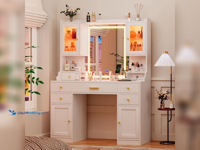 Lot 49-5449339 - White Makeup Vanity Desk with Mirror and Lights, Large Vanity Table Set with Charging Station, Dress...