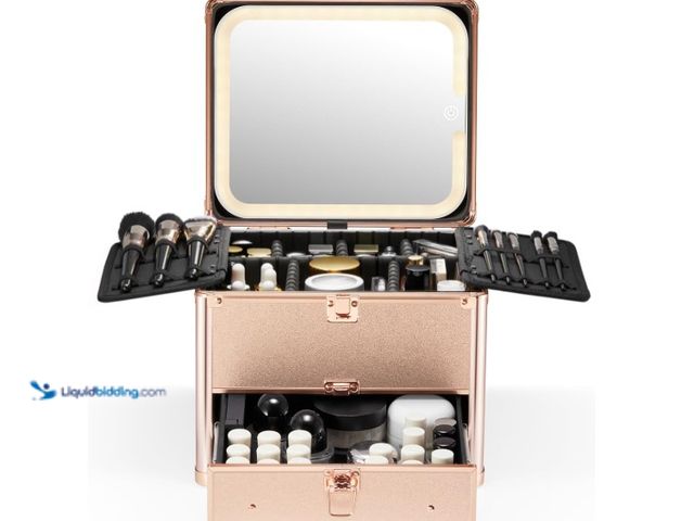 Lot 49-1574988 - Qislee Makeup Box with Drawer and A Detachable Lighted Mirror, Waterproof Travel Train Case, Cosmeti...