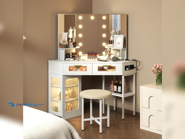 Lot 49-5553592 - Lareth 45.5" Large Corner Vanity Desk with 3 Way Mirror and Lights | Modern Makeup Vanity, Charging ...