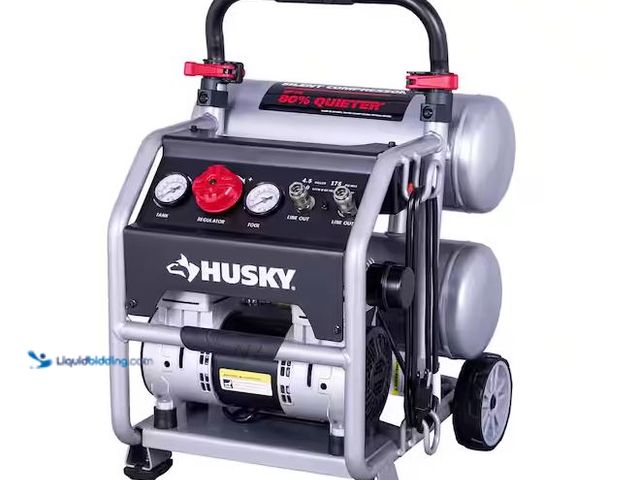 Lot 49-5474122 - Husky
4.5 Gal. 175 PSI Portable Electric Oil-Free Quiet Twin Stack Jobsite Air Compressor w/Rubber ...