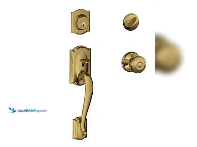 Lot 49-1573180 - Schlage Camelot Antique Brass Single Cylinder Door Handleset with Georgian Knob, Model # F60 G CAM 6...