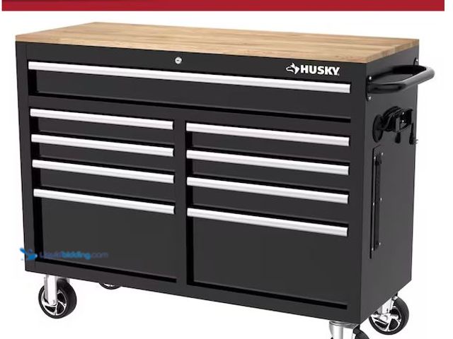 Lot 49-1568746 - Husky Tool Storage 46 in. W x 18 in. D 9-Drawer Mobile Workbench Cabinet in Gloss Black Model # H46X...