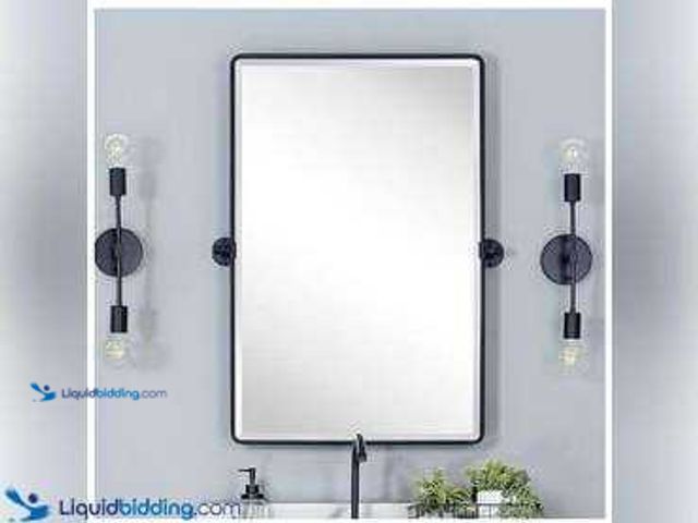 Lot 49-11028 - 1 New Farmhouse Pivot  Black Bathroom Mirror Metal Tilting Beveled Vanity Mirror Farmhouse Pivot Rec...