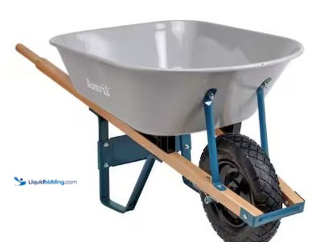 Lot 49-5436891 - Anvil 6 cu. ft. Steel Tub Wheelbarrow with Wooden Handles and Pneumatic Tire. Model # AWB1006. Used....