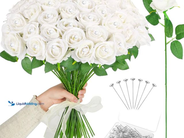 Lot 49-5435632 - Caffox 70PCS White Rose Artificial Flowers with 50PCS Diamond Pins for Bouquets, Fake Silk Roses Flo...