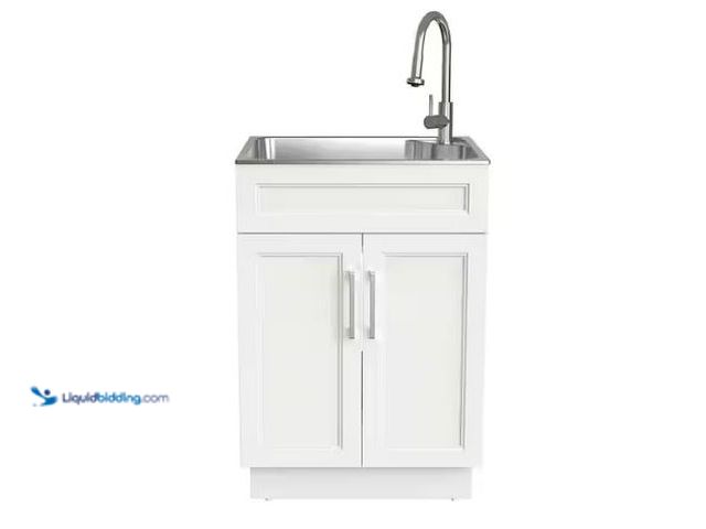 Lot 49-1577005 - Glacier Bay 24 in. Drop-In Stainless Steel Laundry Sink with Assembled Cabinet in White with Faucet,...