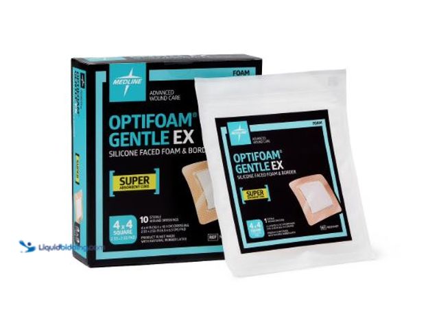 Lot 49-2006471 - Medline Optifoam Gentle EX Bordered Foam Dressing in Educational Packaging, 4" x 4", Box of 10 - MSC...
