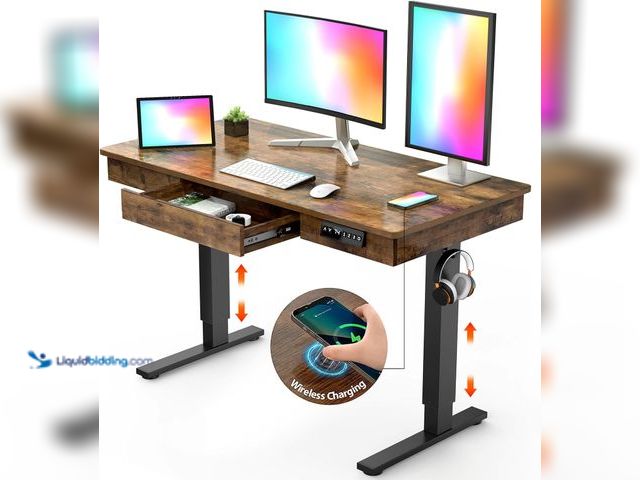 Lot 49-3524870 - Electric Standing Desk with Drawer,48 x 24 Inches Adjustable Height Desk with 12W Wireless Charging,...