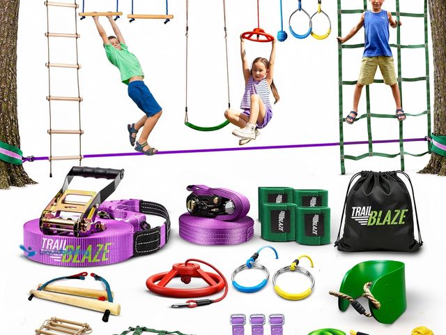 Lot 49-3563801 - Trailblaze Ninja Warrior Obstacle Course for Kids - Ultimate Outdoor Fun 2x55 Ft Ninja Slackline Cli...