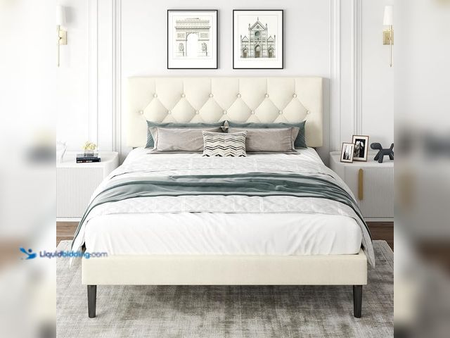 Lot 49-1630699 - Full Size Platform Bed Frame with Upholstered Headboard, Button Tufted Design, Strong Wooden Slats, ...