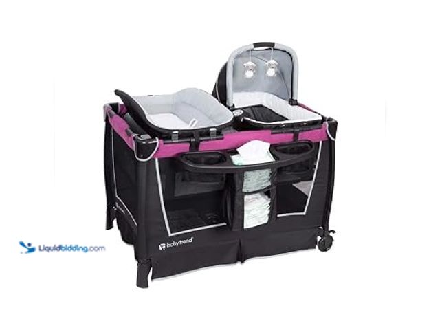 Lot 49-2025711 - Baby Trend Retreat Nursery Center Playard, Bassinet & Storage, Purple, Portable Playard with Changin...