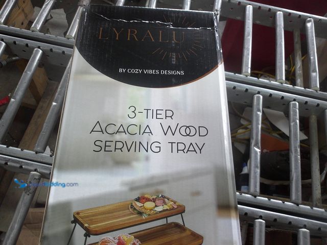 Lot 49-1518566 - 3 Tier Acacia Wooden Serving Tray With Metal Legs, Unused  Ref#MTMED0804