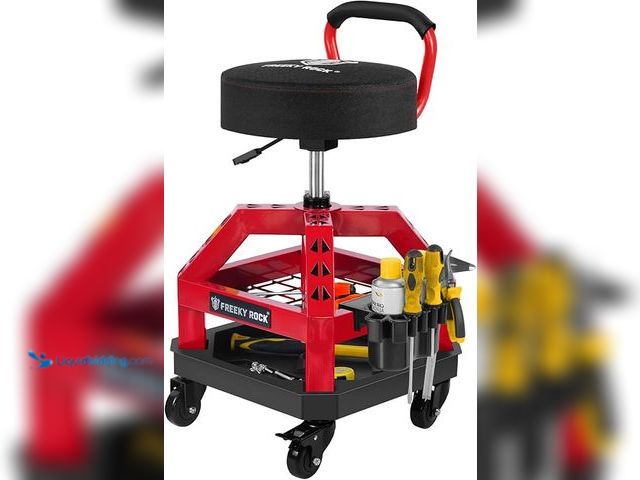 Lot 49-5475975 - FREEKYROCK Rolling Shop Stool with Wheels, Heavy Duty Garage Work Mechanic Stool with Backrest, Adju...