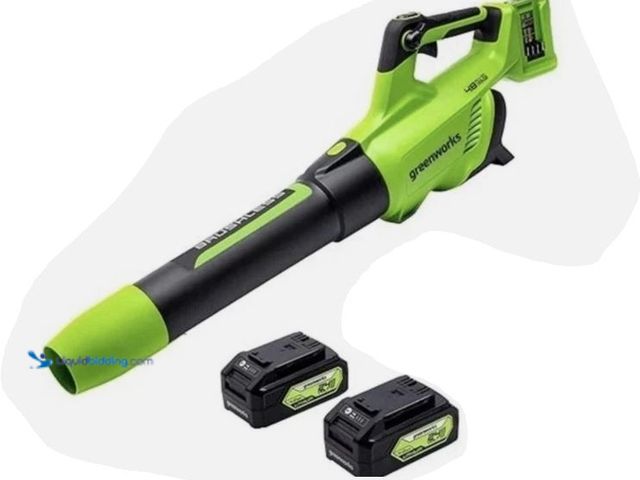 Lot 49-1624304 - Greenworks 48V 585 CFM Cordless Leaf Blower 2x24V w/ 2 Batteries ONLY Model #1947227, Used, No Charg...