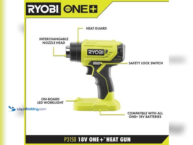 Lot 49-5543426 - RYOBI
ONE+ 18V Cordless Heat Gun (Tool Only). Model # P3150. Unused with attachments. Powers on. NO...