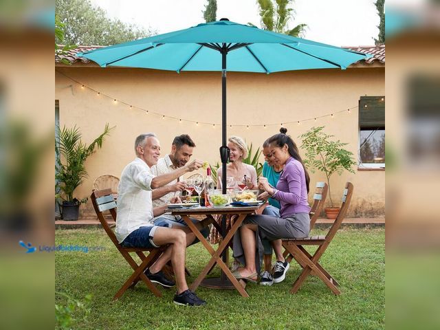 Lot 49-5406212 - Sun ray 9 ft. Round 8-Rib Steel Market Patio Umbrella in Aqua, Model # 201006AQ, Unused.