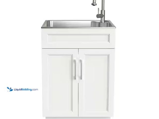 Lot 49-2004484 - Glacier Bay 24 in. Drop-In Stainless Steel Laundry Sink with Assembled Cabinet in White with Faucet,...