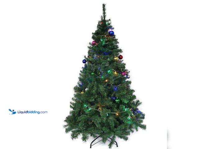 Lot 49-1519093 - ReneeCho Christmas Tree 6 ft/ 7ft with 12 pc Christmas Ball, Metal Stand and Hinged Branches Indoor ...