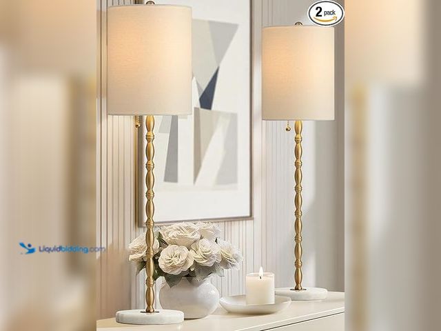Lot 49-5433749 - Buffet Lamps Set of 2, 28.5”H Modern Luxury Lamps with Marble Base, Brass Finish and Linen Shade, UL...