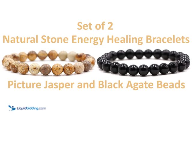 Lot 49-1820665 - Set of 2 Natural Stone Energy Healing Bracelets 8mm Beads - NEW - Featuring Picture Jasper and Black...