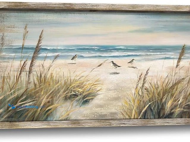 Lot 49-5554312 - Beach Ocean Painting Wall Art: Framed Coastal Picture Wooden Sea Bird Print Seaside Sand Seascape Ar...