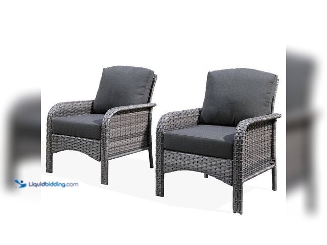Lot 49-5416416 - Venice Gray 2-Piece Wicker Modern Outdoor Patio Conversation Chair Seating Set with Black Cushions. ...