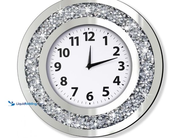 Lot 49-1575665 - DMDFIRST Crystal Crushed Diamond Mirrored Round Wall Clock 16x16x2 inches for Wall Decoration Silver...