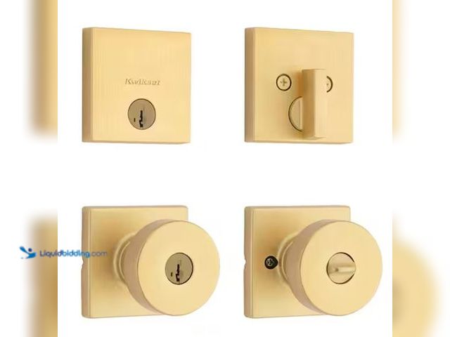 Lot 49-1566791 - Kwikset Pismo Satin Brass Keyed Entry 2.85 in. Square Rose Round Door Knob and Deadbolt Combo Pack F...