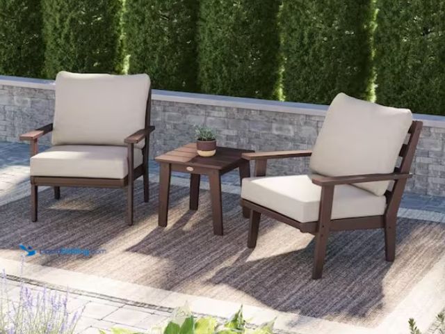 Lot 49-1526857 - POLYWOOD Grant Park Mahogany Plastic Patio Outdoor Lounge Chairs Set of 2 with Wheat Cushions and Si...