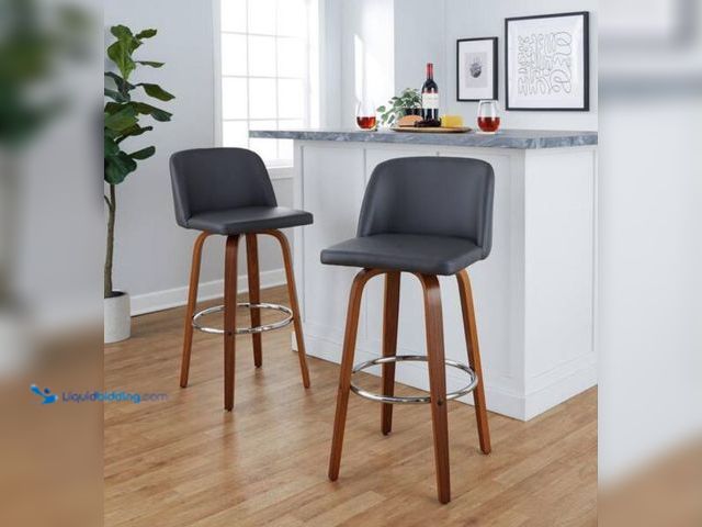 Lot 49-2000938 - Set of (2) Lumi source Toriano 29.5 in. Grey Faux Leather, Walnut Wood, and Chrome Metal Fixed-Heigh...
