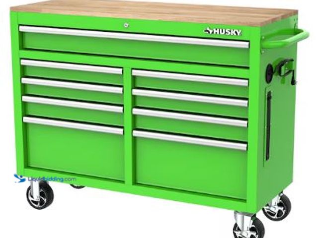 Lot 49-1517876 - Husky
46 in. W x 18 in. D 9-Drawer Gloss Green Mobile Workbench Cabinet with Solid Wood Top, Model ...