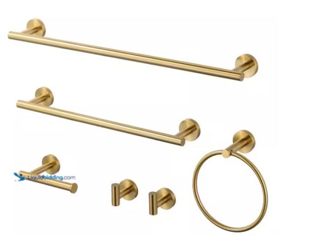 Lot 49-1516685 - WOWOW 6-Piece Wall Mount Stainless Steel Bathroom Towel Rack Set in Brushed Gold, model #  W410016G-...
