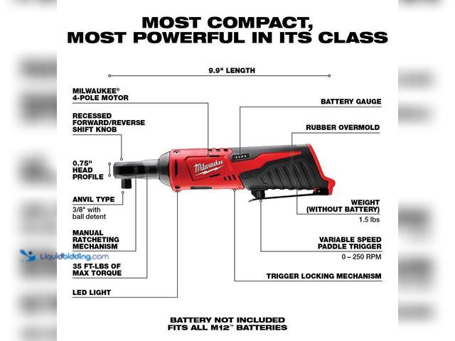 Lot 49-5413918 - Milwaukee
M12 12V Lithium-Ion Cordless 3/8 in. Ratchet (Tool-Only) USED (TESTED)