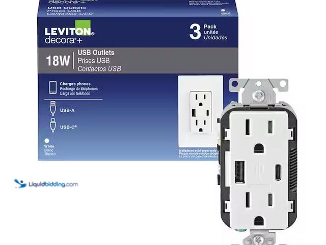 Lot 49-1576463 - Leviton Decora White 15 Amp Tamper Resistant Duplex Outlet with USB Charger Type A/C 3.6 Amp 18-Watt...