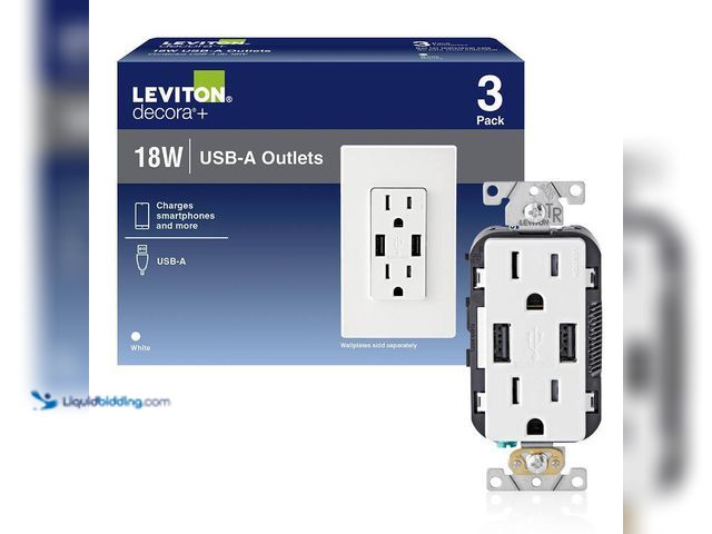 Lot 49-5413587 - Leviton
15 Amp Decora Combination Tamper Resistant Duplex Outlet and USB Charger, White (3-Pack) T5...