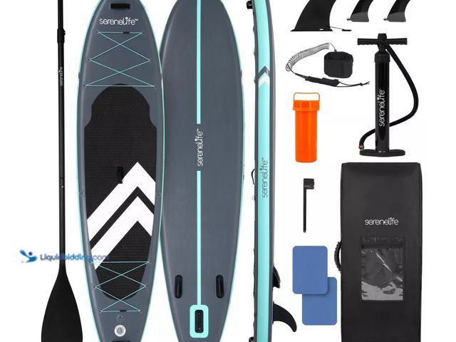 Lot 49-5543778 - SereneLife Inflatable Stand-Up Paddleboard for Water Sports with Double-Action Hand Pump, Durable De...