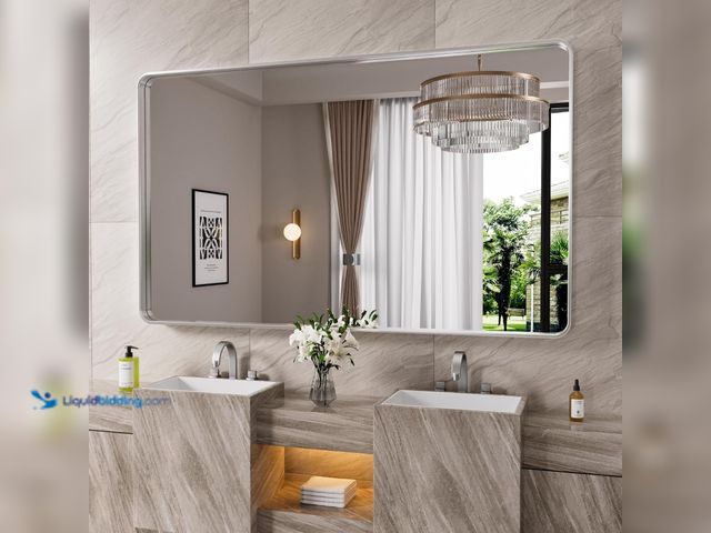 Lot 49-5544097 - JISOSO Brushed Nickel Bathroom Mirror 72x36 Inch, Brushed Silver Metal Frame Mirror Wall Mounted, Ro...