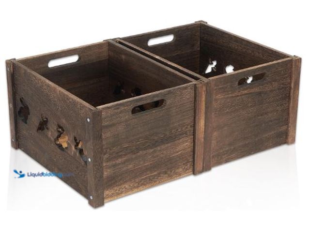 Lot 49-3473730 - Wooden Crates, Farmhouse Wooden Crates for Storage with Carved Cute Patten, Solid Wood Crates for Di...