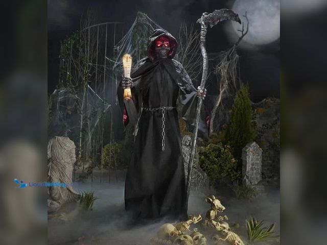 Lot 49-1548694 - Home Accents Holiday 7.5ft Grave & Bones Animated LED Fiery Reaper Halloween Decoration Model #39693...