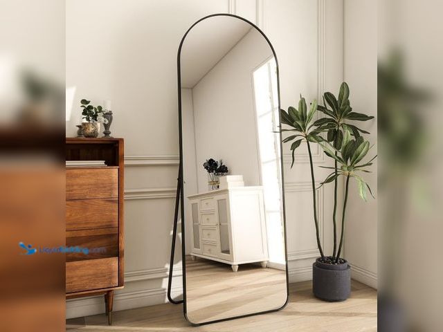 Lot 49-3463488 - Koonmi Arch Full Length Mirror with Stand, 65"x24" Full Body Mirror, Black Floor Mirror with Aluminu...