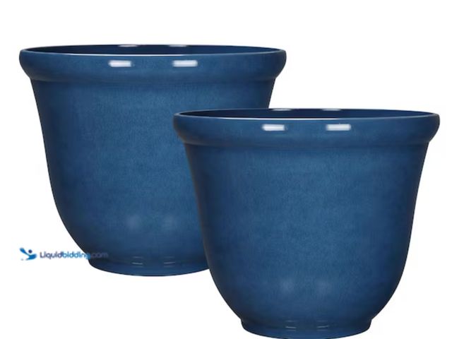 Lot 49-2000425 - (2-Pack) Vigoro Felecia Large Blue Resin Round Lightweight Planter with Drainage Holes (21 in. L x 2...