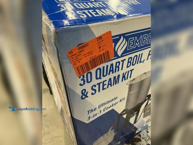 Lot 49-5541493 - Even Embers 30 QT. Boil/Fry/Steam Kit with Basket and Stand. Model # GAS6230AS. Unused.